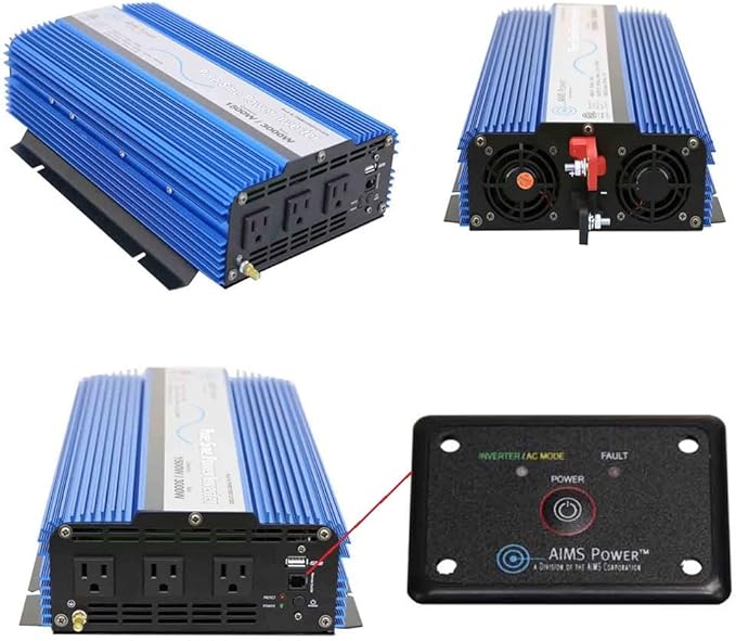 AIMS Power 1500 Watt / 3000 Watt Peak Pure Sine Power Inverter 12 Volt DC to 120 Volt AC ETL Listed with Remote