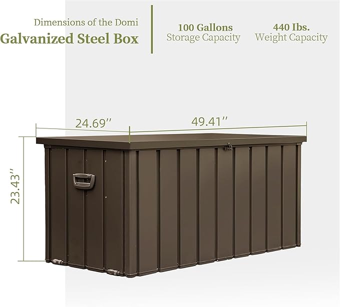 100 Gallon Outdoor Deck Box Lockable Metal Indoor Outdoor Storage Container with Side Handle, Waterproof Storage Box with Rolling Castors for Patio Garden Tools, Pools Equipment, Cushions, Brown