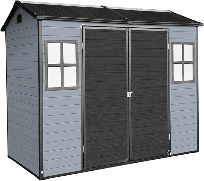 LANTRO JS 8x4FT Plastic Storage Shed with Floor, Storage Shed with Floor Included, 2 Windows and Lockable Door Sheds for Garden Tools, Bike