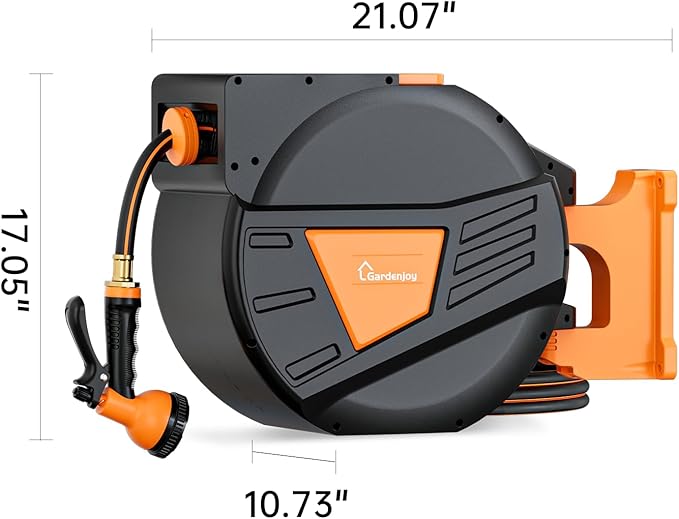 GARDENJOY Retractable Garden Hose Reel, 65 ft x 1/2 inch Heavy Duty Garden Hose with 180°Swivel Wall Mounted Bracket, 10 Pattern Sprayer Nozzle, Any Length Lock & Slow Return System