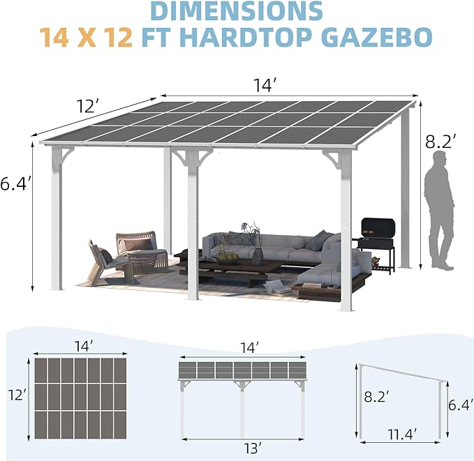 AECOJOY 14' x 12' Gazebo Outdoor Pergola for Patio, White Large Wall-Mounted Hard Top 12x14 Lean to Metal Gazebo Shelter Pergolas and Gazebos Clearance with Patio Roof, Heavy Duty Awnings for Patio
