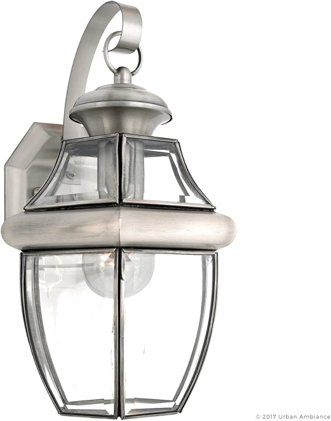 Urban Ambiance Luxury Colonial Outdoor Wall Light, Medium Size: 14" H x 8" W, with Tudor Style Elements, Versatile Design, Classy Aged Silver Finish and Beveled Glass, UQL1143
