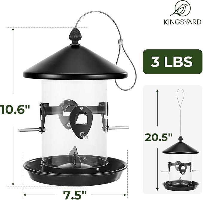 Kingsyard Metal Hopper Bird Feeder for Outdoors Hanging with 8 Ports, 3 lbs Large Capacity Tube Bird Feeder with Seed Tray, Easy to Fill and Clean, Black