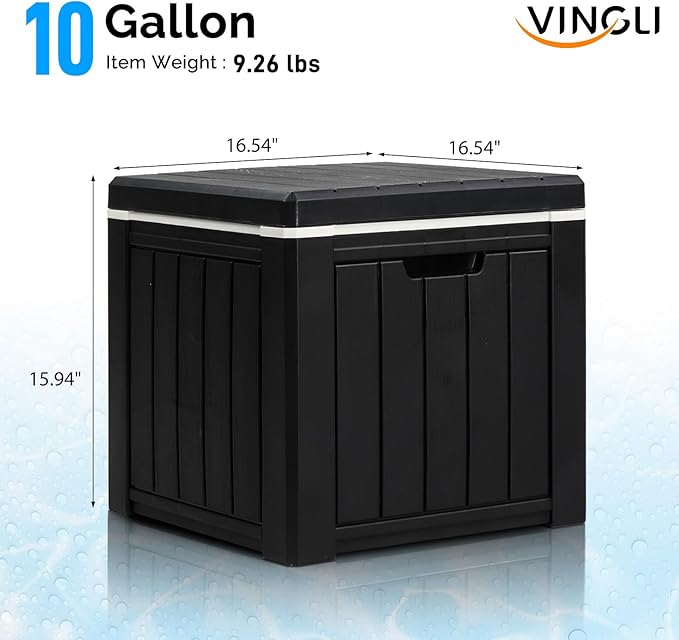 VINGLI 10 Gallon Outdoor Deck Box, Outdoor Patio Deck Box with Built-in Handles, All-Weather Square Storage Container for Garden, Poolside & Balcony (Black)