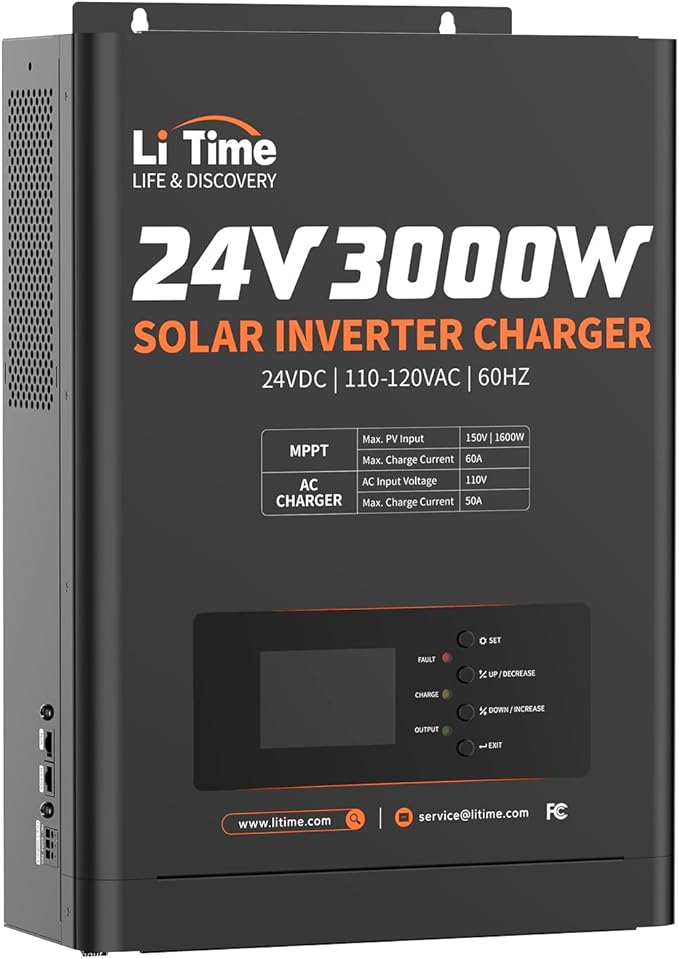 LiTime 24V 3000W All-in-One Solar Inverter Charger | 60A MPPT Solar Controller | Pure Sine Wave Output | Uninterrupted Power Supply | RS485 Communication | Home Energy Storage, Off-Grid Solar System