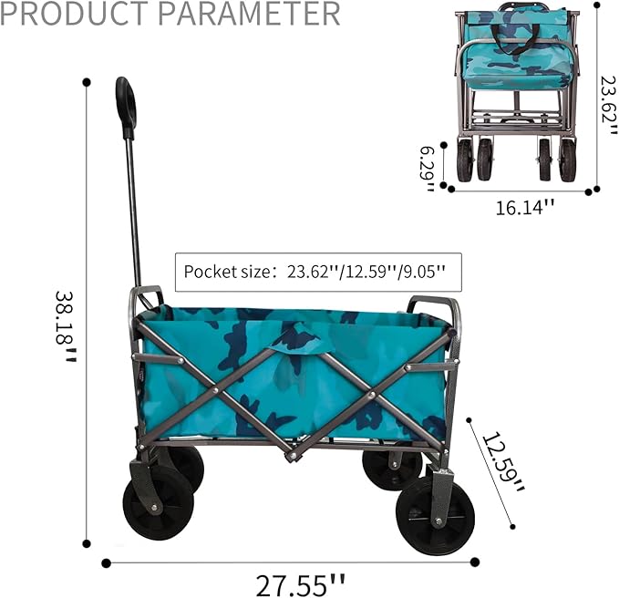 Steel Yard Cart, Garden Wagon with Adjustable Handles, Wheels, Foldable Wagon, Heavy Duty Folding Utility Garden Cart for Garden Farm Orchard Warehouse navy blue