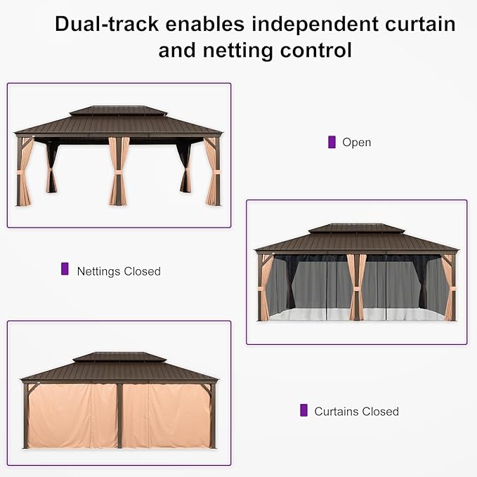 PURPLE LEAF 14' X 20' Hardtop Gazebo Patio Wide Aluminum Frame Metal Double Roof with Heavy Duty Netting and Curtains for Permanent Hard Top Pavilion Screen Khaki