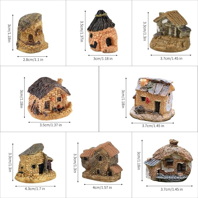 Mini House Figurine 8PCS, Mini Cottage Miniature Gardening Landscape Micro Village Stone Houses Fairy Garden Accessories for Home Decoration