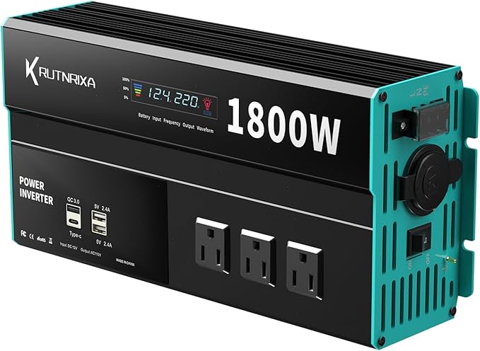 Power Inverters 12V DC to 110V AC Converter for Vehicles USB-C/PD 25W Fast Charging Ports Car Charger Adapter with a Cigarette Lighter Ports Plug Outlet (Modified sine wave-1800W)
