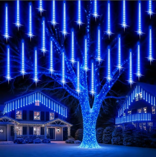 PEMOTech Christmas Lights Outdoor,24 Tubes 30cm 576 Led Meteor Shower Lights, Waterproof Christmas Decorations Icicle Light for Xmas Tree Halloween Party, Outdoor Christmas Decorations,Ul Plug,Blue