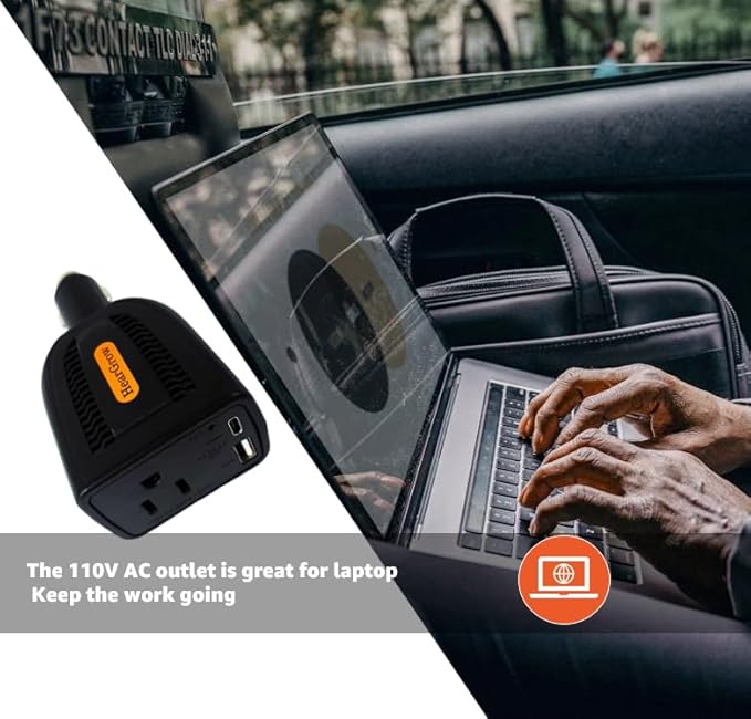 HearGrow100w Car Power Inverter, 12V DC to 110V AC Vehicles Converter with USB Ports，Plug Adapter Outlet and Fast Charging PD3.0 Type-C for Phones, Pads, Laptops and Computer Charger