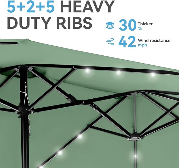 GREEN PARTY 15 ft Rectangle Patio Umbrella with Solar Lights and Base Included, Double-Sided Market Table Umbrella with Crank, Large Outdoor Umbrellas for Patio Poolside Garden Backyard, Mint Green