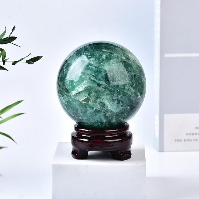 Green Fluorite Crystal Ball with Stand Large Crystals Sphere Decorative Ball Meditation Witchcraft Home Decor 90-100mm/3.5-3.9"
