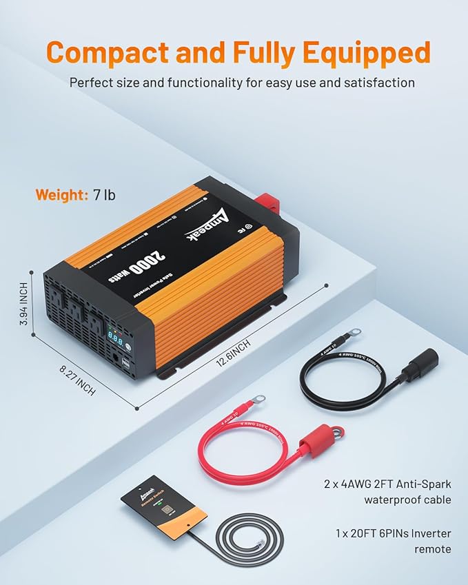 Ampeak 2000W Power Inverter with Anti-Spark Waterproof Cable Conversion Efficiency 89.37% Car Inverter 12V to 110V 3AC Outlets Dual 5V/3.1A USB Ports Modified Sine DC to AC Inverter for Vehicles