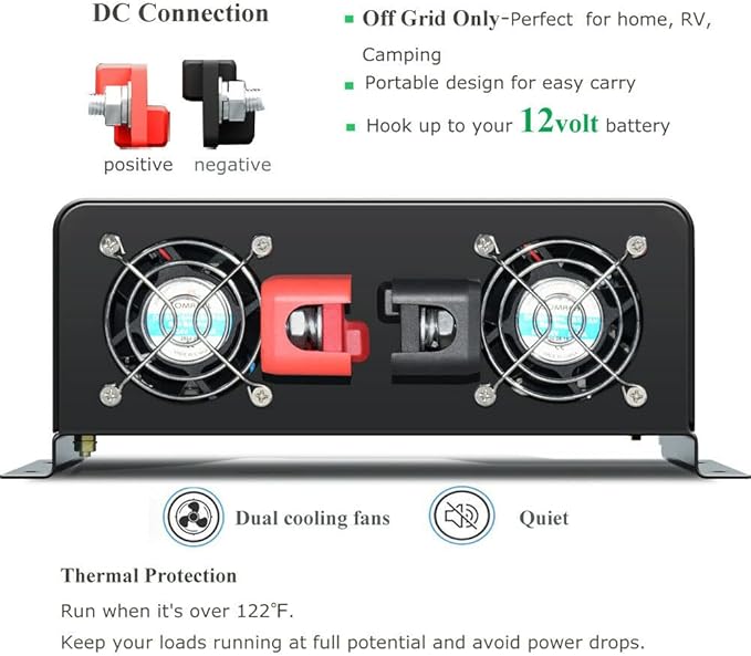 5000Watt Pure Sine Wave Power Inverter 12VDC to 120VAC 10KW Peak Built-in Soft Starter Dual AC Outlets 2× 2.4A USB Port &Hardwire Terminal Off-Grid Solar Converter RV Trucks (U5-500012)