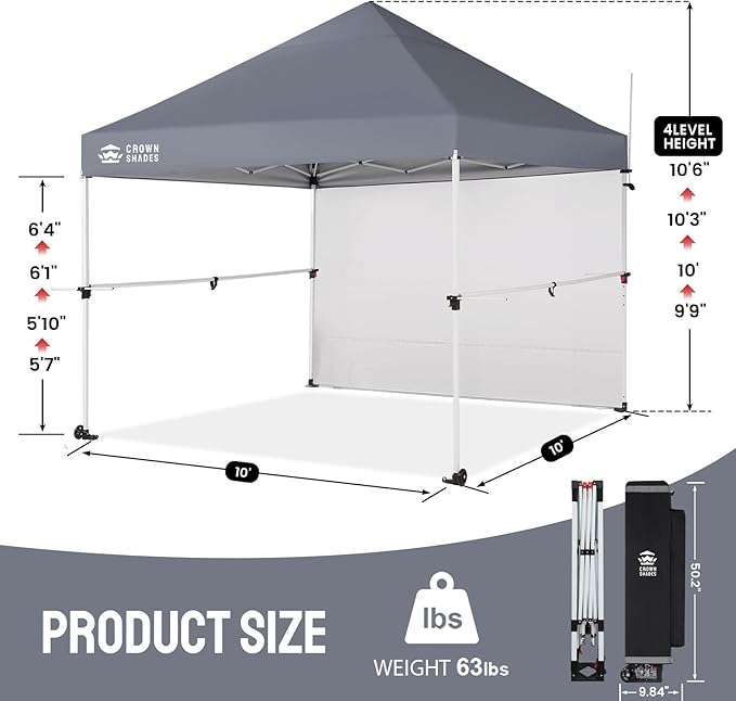 CROWN SHADES 10x10 Pop Up Canopy Tent with 1 Comercial Kit, Instant Commercial Tent with Patended Centerlock, 400D Silver Coated Fabric, 1 Sidewall, 4" Wheels, Sto'N Go Bag,Grey