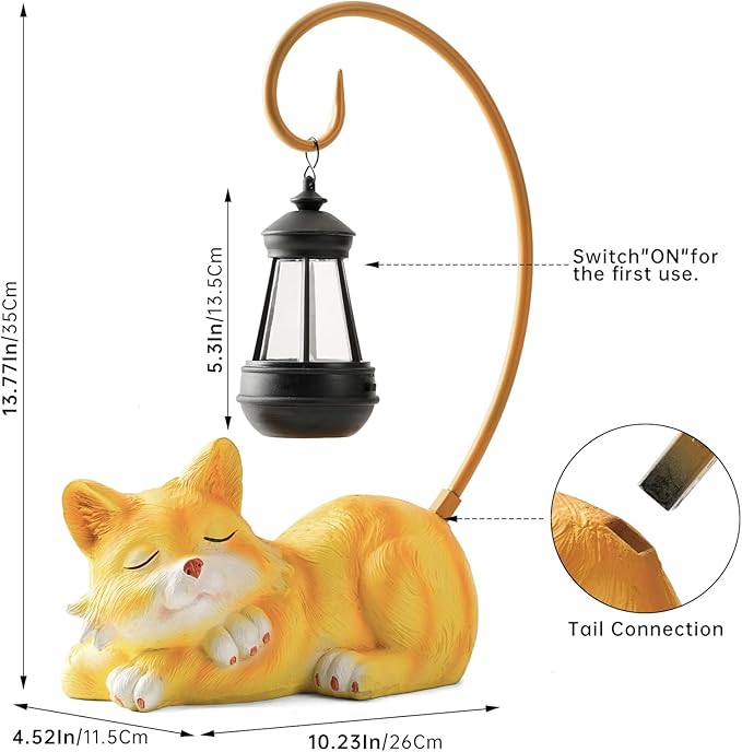Outdoor Cat Figurine Garden Statue with Solar-Powered LED Light 13.77 Inches Tall Gift Garden Statue Decor for Cat Lovers Yellow