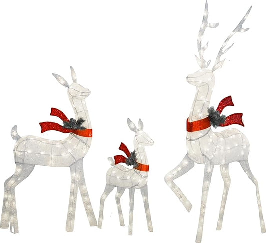 Outdoor Lighted Deer Family Decor 3-Piece Set, 5ft Large Reindeer Christmas Holiday Lights with 210 Warm White LEDs, 3D Design, Cotton Twine & Iron, Perfect for Lawn, Yard, Garden, Party