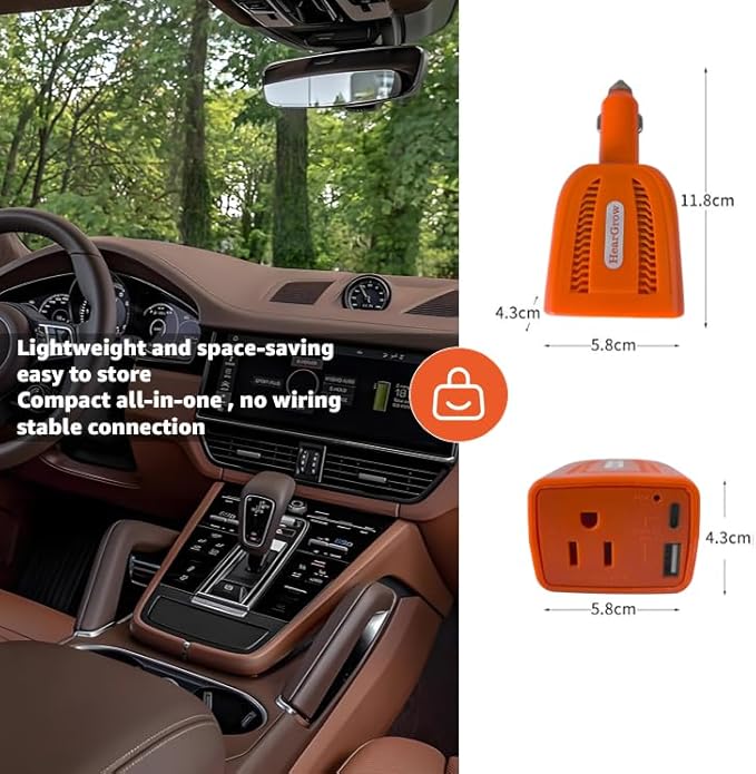 HearGrow100w Car Power Inverter, 12V DC to 110V AC Vehicles Converter with USB Ports，Plug Adapter Outlet and Fast Charging PD3.0 Type-C for Phones, Pads, Laptops and Computer Charger(red)