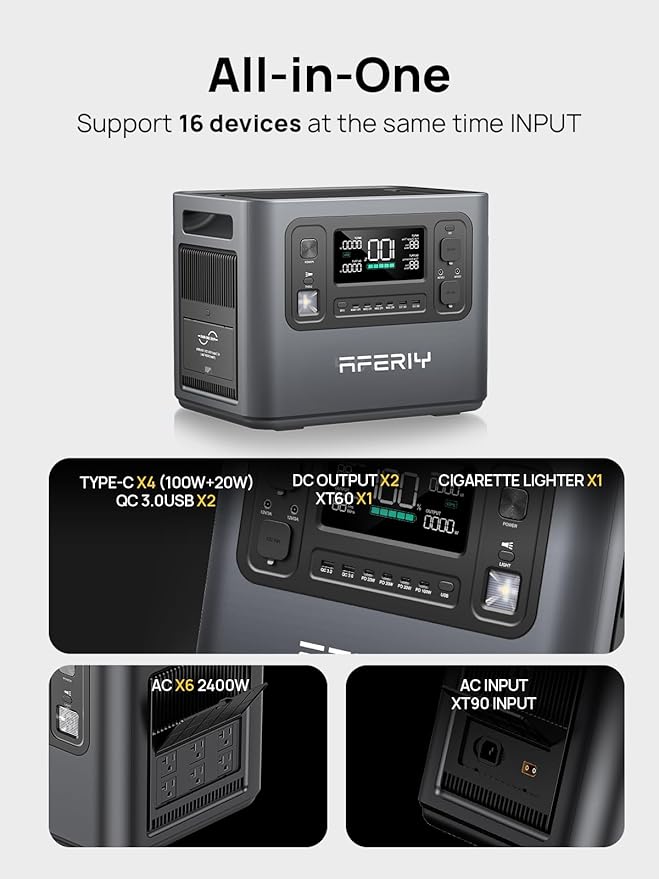 AFERIY P210 2400W Portable Power Station,2048Wh LiFePO4 UPS Battery Generator with 1100W AC Charging & 500W Solar Charging,for Home Backup,Power Outages, Camping【Pure Sine Wave AC Input & Output Only】
