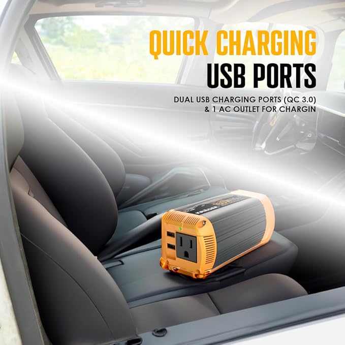 K KRIËGER 150 Watt Pure Sine Wave Power Inverter, 12V Car Charger with Plug Outlet, Inverter with Dual USB Ports (Quick Charge 3.0), AC Outlet & DC Cord Included - ETL Approved Under UL STD 458
