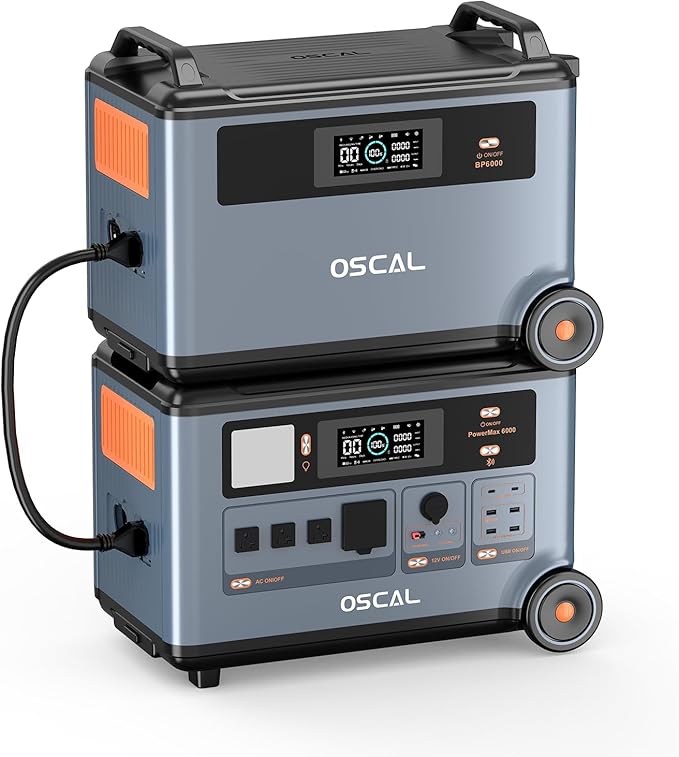 OSCAL 6000W/7200Wh Power Station with Expansion Battery, Expand Capacity from 3600Wh to 7200Wh, Solar Generator for Home Backup, Emergency, Outdoor Camping