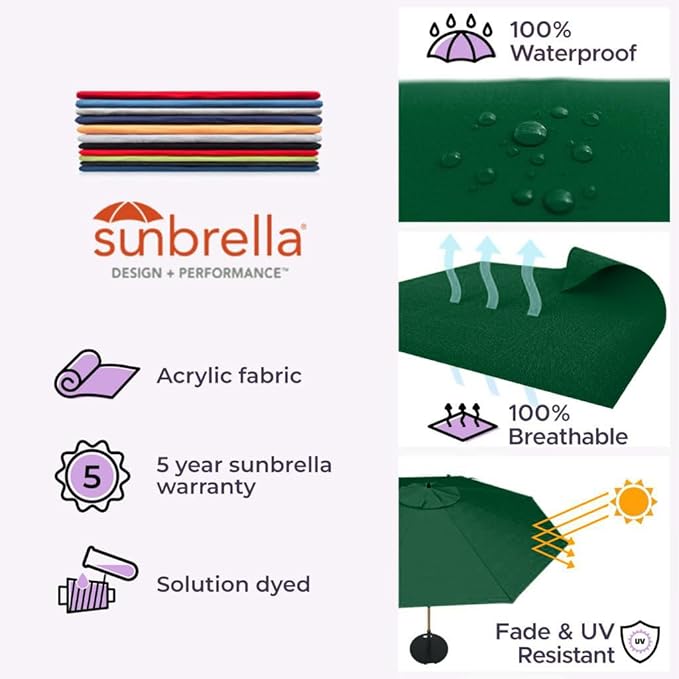 Midtown Umbrellas The Wooden 10 Feet Patio Umbrella With Sunbrella Forest Green Acrylic Fabric - Aluminum Frame Market Umbrella For Backyard, Deck, Garden, Pool - Wooden Pole