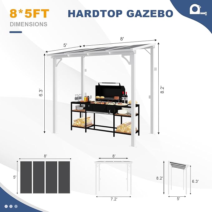 MEISSALIVVE 8' x 5' Gazebo Outdoor Pergola for Patio, Small Wall Mounted Lean to Metal Awnings with Sloped Roof, Heavy Duty Awnings for Patio, Decks, Backyard, White