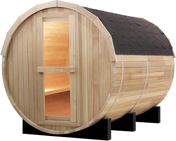 Outdoor Sauna, 6 Person Wood Steam Barrel Sauna Room with 6kw Toule Electric Heater with Stone, Canadian Helmock Wood, Accessories and Asphalt Shingle Roof (Helmock)