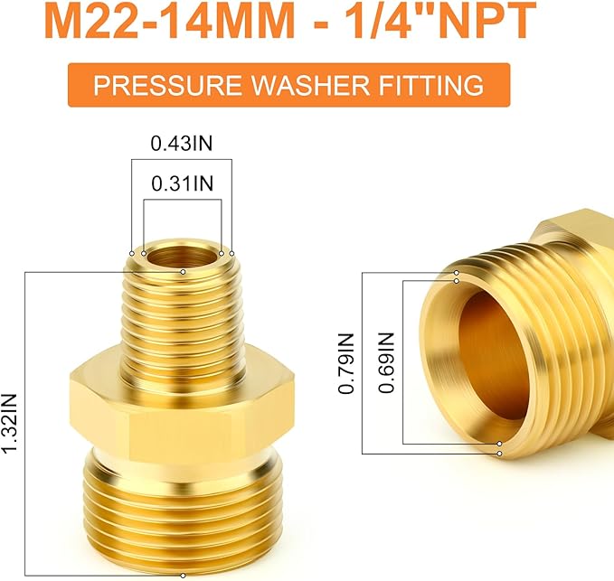 GASHER 2Pcs Brass M22 Pressure Washer Fitting,M22-14mm Male x 1/4"NPT Male Thread Fittings,For Pressure Washer Hose