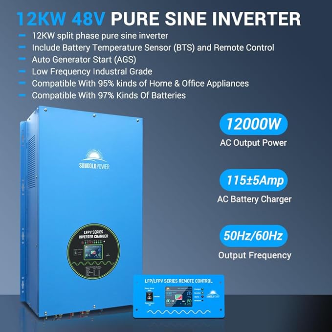 SUNGOLDPOWER 12000W 48V Inverter Charger, Input 240V AC,Output 120/240V Split Phase Pure Sine Wave, Peak Power 36000W for 20s, Low Frequency, Heavy Duty Inverter for Off Grid System(MPPT Excluded)