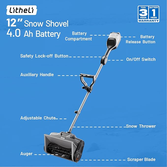 Litheli Cordless Snow Shovel, 40V 12'' Brushless Electric Snow Blower for Driveway, Battery Powered Snow Thrower, 4.0Ah Battery Included