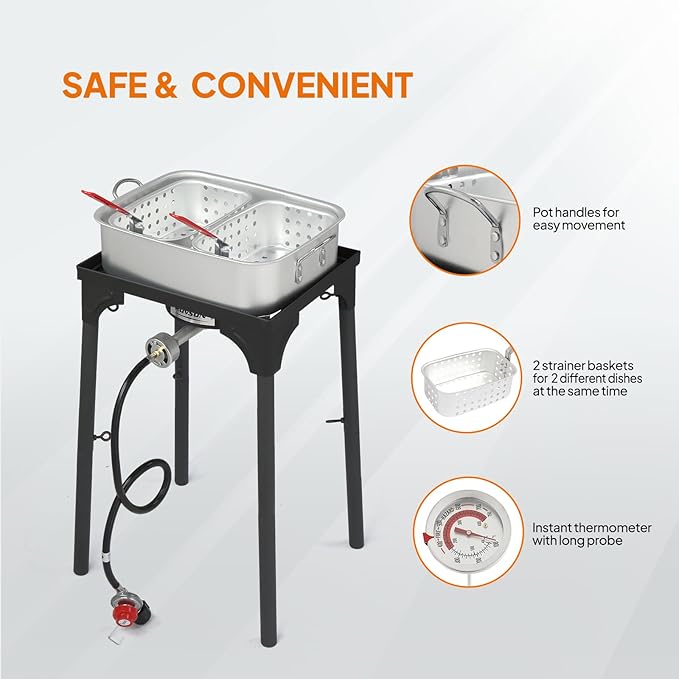 ROVSUN 58,000 BTU Propane Fryer Set with Heightened Gas Stove, 18 QT Aluminum Deep Fryer Pot, 2 Baskets & Thermometer for Outdoor Backyard Frying Fish, Chicken Wings, French Fries & More