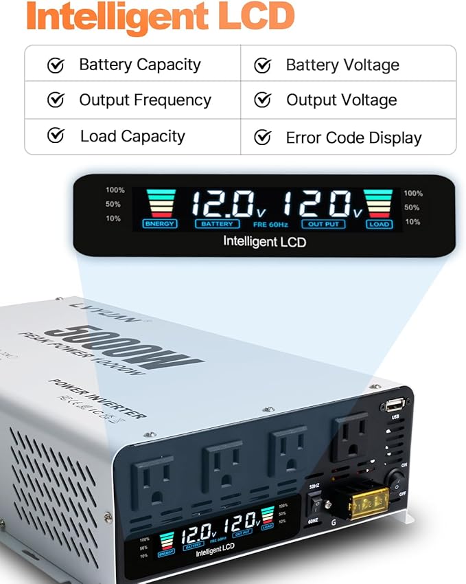LVYUAN 5000 Watt Power Inverter 12V to 110V 120V DC to AC Converter with 4 AC Outlets, LCD Display, USB Charge Port, Remote Control for Home RV Vehicle Outdoor Camping Car Power Inverter