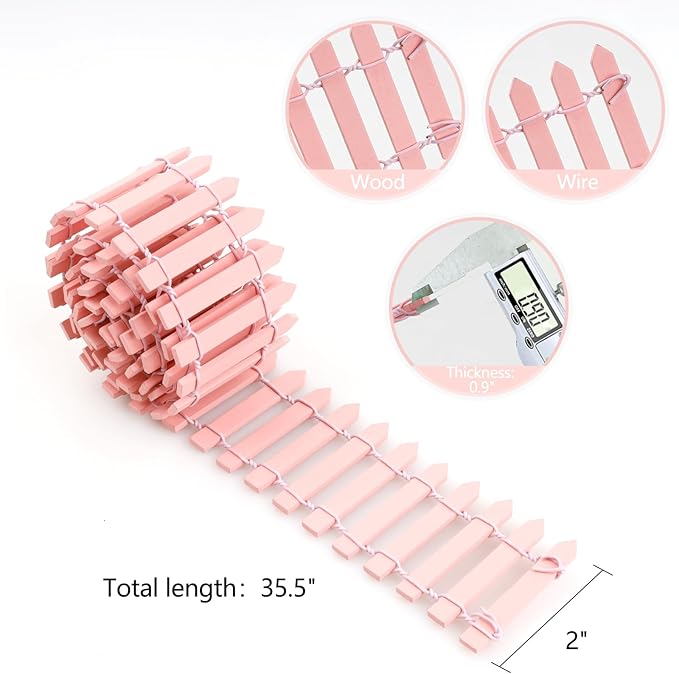 Mini Fairy Garden Fence, 35.5x2 Inch Cuttable Small Wood Picket Fence, DIY Miniature Accessories Decoration for Dollhouse, Crafts, Vegetable Platter, Cake(Pink)