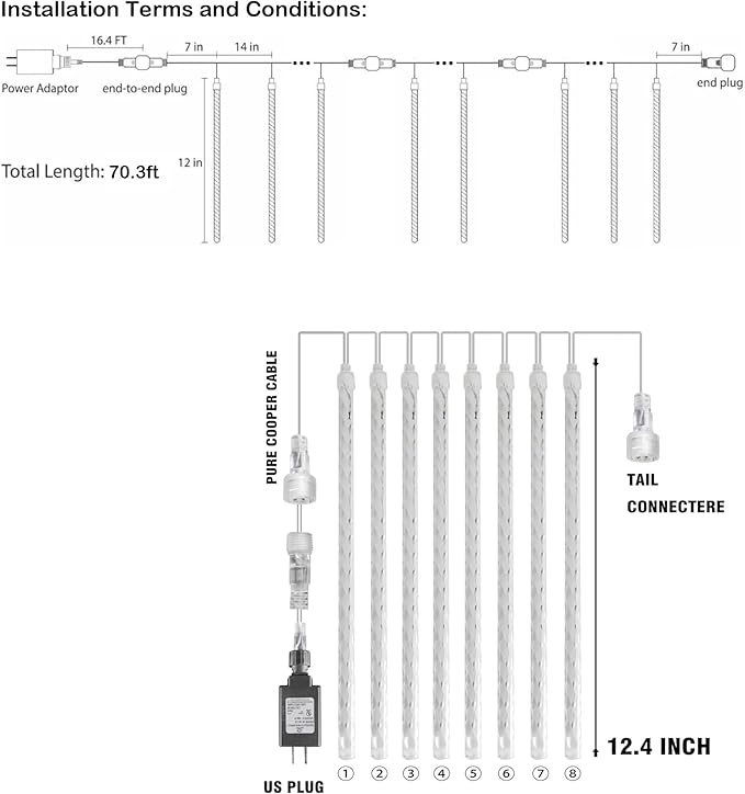 Dazzle Bright 1728 LED Christmas Light, Meteor Shower Rain Lights 11.8 Inch 48 Tubes, Waterproof Plug in Falling Rain Lights Decorations for Xmas Tree Yard Party (Warm White)