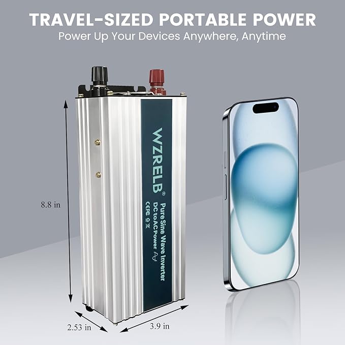 WZRELB 1200W Pure Sine Wave Inverter 12V DC to 110V 120V AC Power Converter with LED Display, Off-Grid Portable Power Inverter with 2 AC Outlets for Home, RV, Truck, Camping
