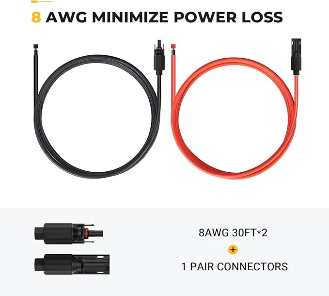 BougeRV 30 Feet 8AWG Solar Extension Cable with Female and Male Connector with Extra Pair of Connectors Solar Panel Adaptor Kit Tool (30FT Red + 30FT Black)