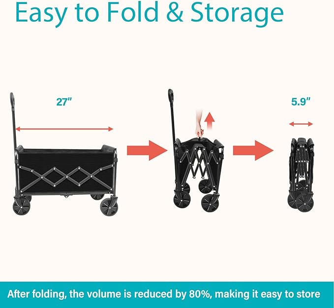 Wagons Carts Foldable, 260 Lbs with Adjustable Handle, Black Lightweight Portable, Collapsible Wagon for Camping, Shopping, Sports, Travel, Garage and Gardening Storage with Drink Holders