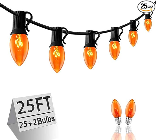 C7 String Lights,25FT Orange Halloween Christmas String Lights for Outdoor Indoor Use,25 Clear C7 Orange Bulbs String Light-Black Wire
