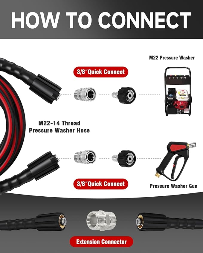 Flexible Pressure Washer Hose 100 FT, 3600 PSI Kink Resistant Power Washer Hose Replacement, 1/4" electric Washer Hose Extension With M22 x 3/8" Quick Connector
