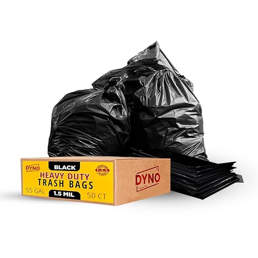 Dyno Products Online 55-Gallon, 1.5 Mil Thick Heavy-Duty Black Trash Bags, 50 Count - Large Garbage Liners (35W X 55L) Fits Huge Cans for Home Garden Lawn Yard Recycling Construction & Commercial Use