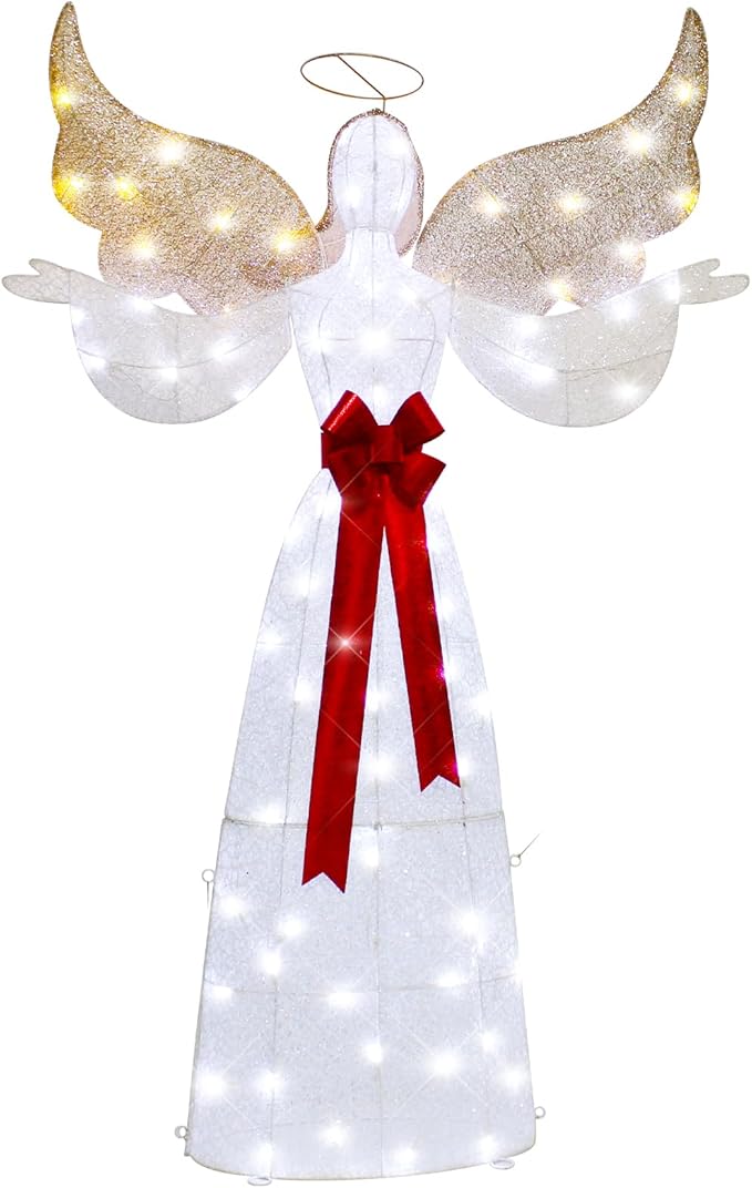 65" Lighted Angel Christmas Decoration, 3D Halo Angel with Golden Wings, White LED Lights, Outdoor/Indoor Use