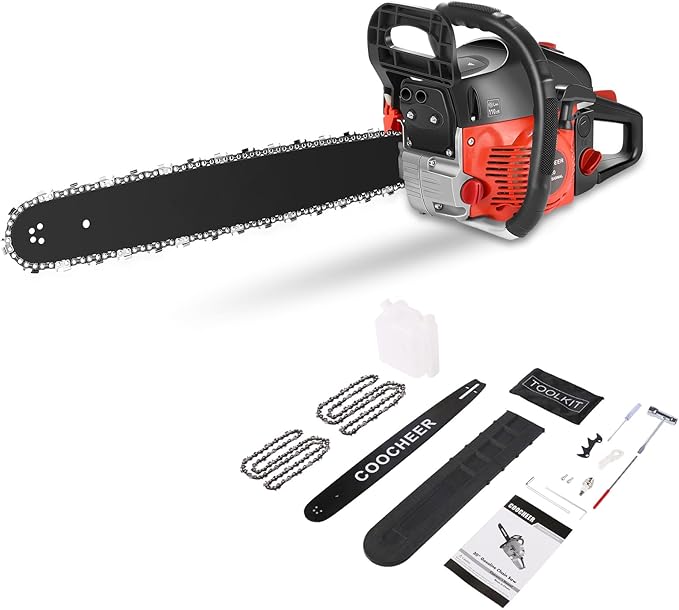 COOCHEER 62cc Gas Chainsaw 20 Inch Gas Powered Chainsaws with Non-Slip Handle, 2-Cycle Engine Handheld Gasoline Chain Saw for Wood Cutting, Tree Trimming, 2 Chains Included