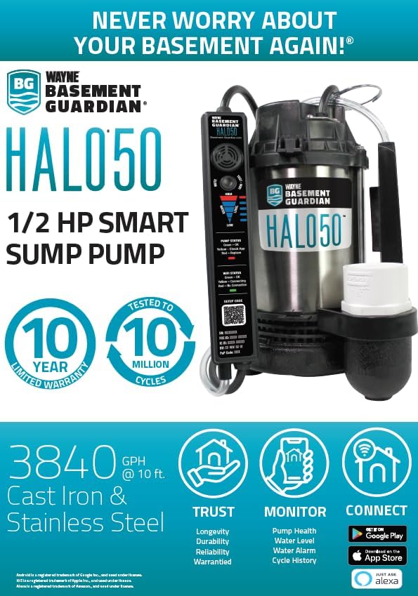WAYNE - 1/2 HP Basement Guardian HALO50 - Up to 5,100 Gallons Per Hour - Digitally Connected Sump Pump