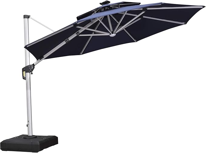PURPLE LEAF 11ft Solar powered LED Patio Umbrella Outdoor Round Umbrellas Large Cantilever Umbrella with LED lights Windproof Offset Umbrellas Sun Umbrella for Garden Deck Pool Patio, Navy Blue