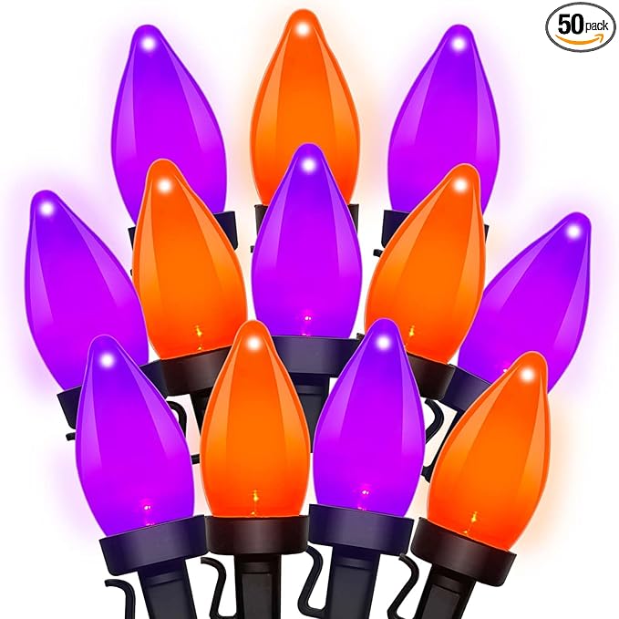Purple and Orange Christmas Lights, 26FT 50 Count Christmas C7 LED String Lights for Indoor/Outdoor Use, Christmas Decorations for Patio Home Party Garden Yard-Black Wire
