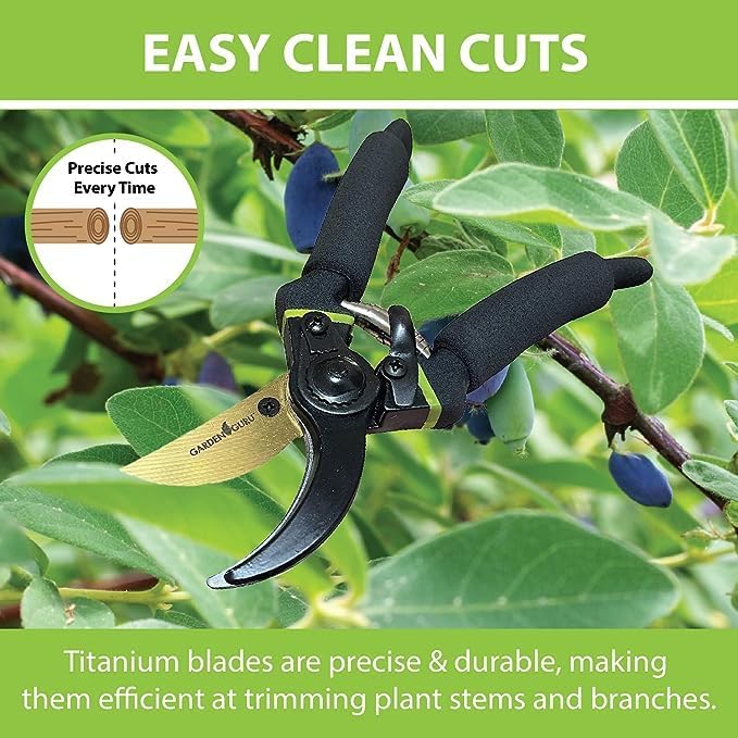 Garden Guru Soft Grip Garden Pruning Shears Scissors Clippers - Hardened Titanium Blades - Comfort Grips – Heavy Duty Bypass Hand Pruners Branch Cutters - for Gardening Trimming Bushes Flowers Plants