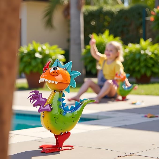 Metal Dinosaur Statue Outdoor Garden Decor - Wacky Dino Yard Art Gift, Funny Dinosaur Sculpture for Patio, Lawn, Backyard- Unique Dino Figurine for Birthday, Housewarming, Christmas