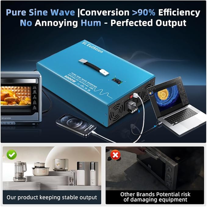 5000W Pure Sine Wave Power Inverter Voice Control AI Voice Assistant Support English 12V to 120V 60HZ with LCD Display, USB Port, for Car Home Laptop Truck